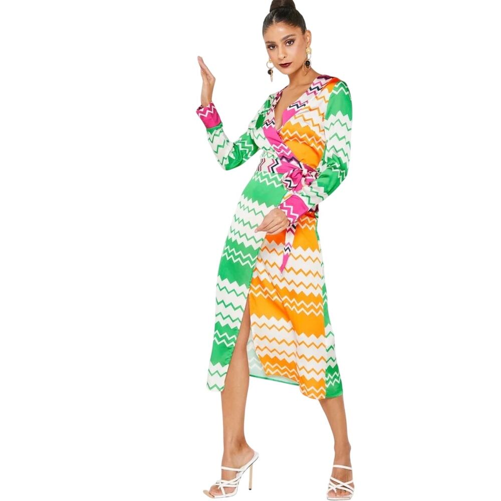 Never Fully Dressed Orange Green Chevron Long Sleeve Wrap Satin Midi Dress